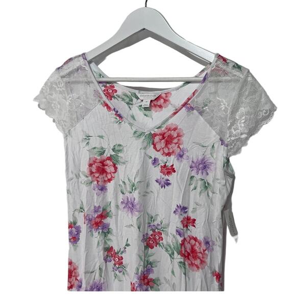 CHARTER CLUB WOMENS LACE-SLEEVE CHEMISE NIGHTGOWN BLOSSOMS FLORAL WHITE XS - Picture 4 of 10